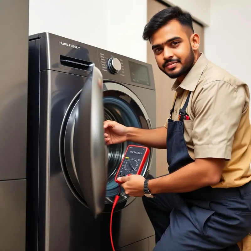 Technician diagnosing a washing machine with digital tools in Bangalore